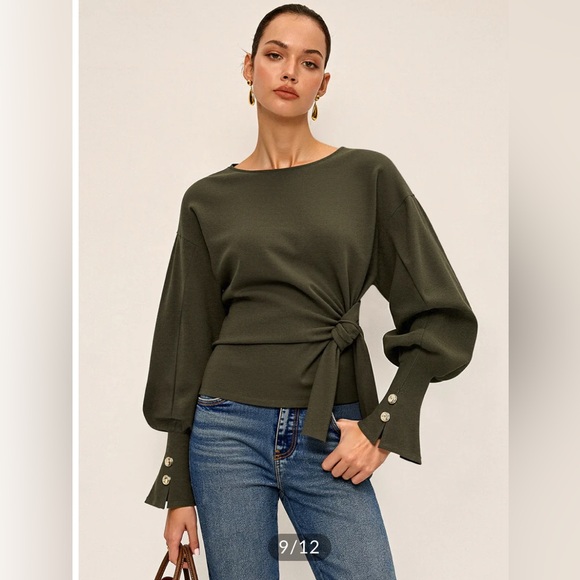 Commense Tops - Commense Olive Green Blouse with Waist Tie and Buttoned Cuffs